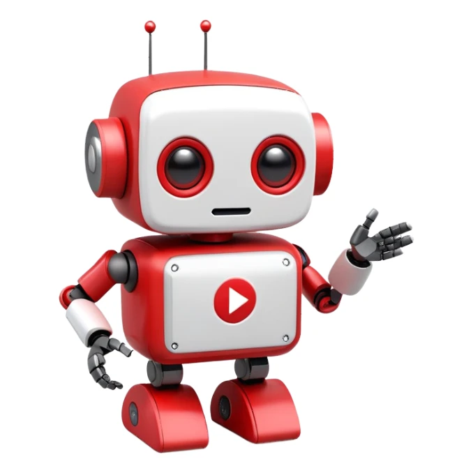 A cute 3D robot mascot icon with YouTube-style play button eyes and a speech bubble, red and white color scheme, friendly and approachable design, perfect for AI chat interface sticker