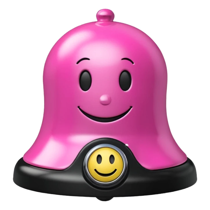 pink call bell with chrome knob on top and black base with smiley face on it sticker