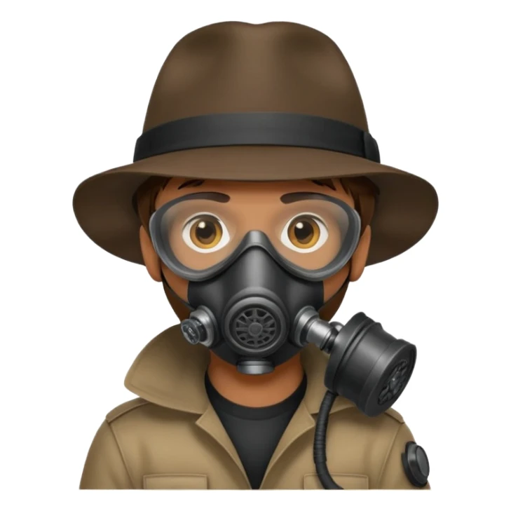 Male Hacker with a fedora with brown hair wearing a gasmask sticker