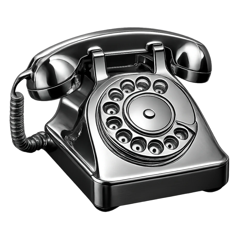 an analog disk phone made entirely of chrome, chrome style, highly reflective, shiny metallic, gleaming sticker