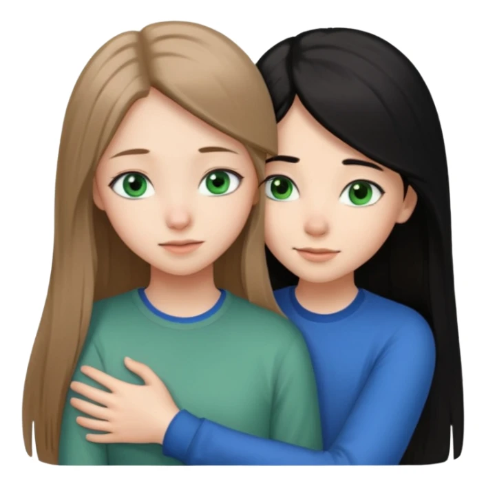 una ragazza dall‘ età di 19 anni con capelli castani chiaro lunghi e lisci ,  occhi CELESTI ,  e una ragazza di 17 anni capelli neri occhi verdi che si abbracciano   sticker