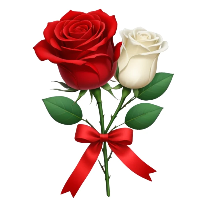 One red flower and one white flower in transparent bouquet with red band  sticker