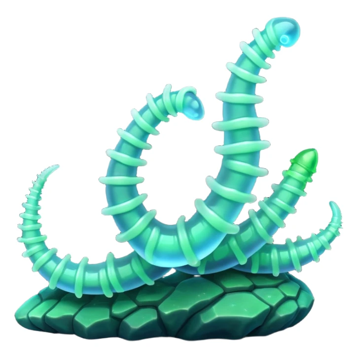 3D render of Crystal Cave Worms, bioluminescent deep sea style, glowing neon blue and green lights, dark background to contrast the glow, translucent organic textures. sticker