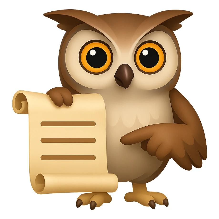 В стилистике эмоджи сгенерируй сову, она смотрит прямо на зрителя, в одном крыле она держит развернутый свиток, а другим указывает на пункты в нем, прозрачный фон sticker