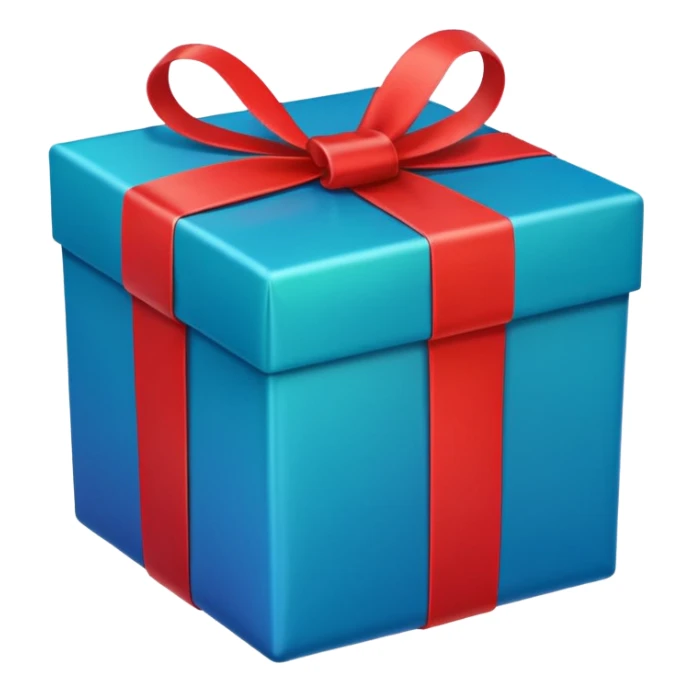 A square gift box tied with a bright red ribbon, in Apple iPhone emoji style. Vibrant colors, smooth gradients, glossy highlights, clean simple shapes, no outlines, slight 3D depth. sticker
