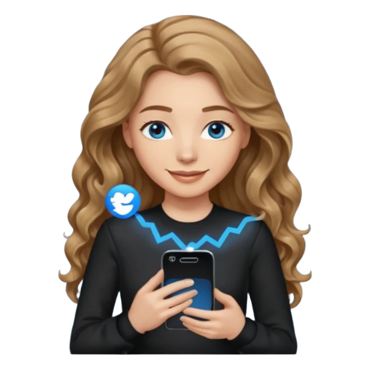 generate a pretty woman with blue eyes, light skin and medium brown long and really wavy shiny hair holding a phone she is looking at the phone while looking down at the screen. she is wearing an ALL black long sleeve. she is smiling sticker