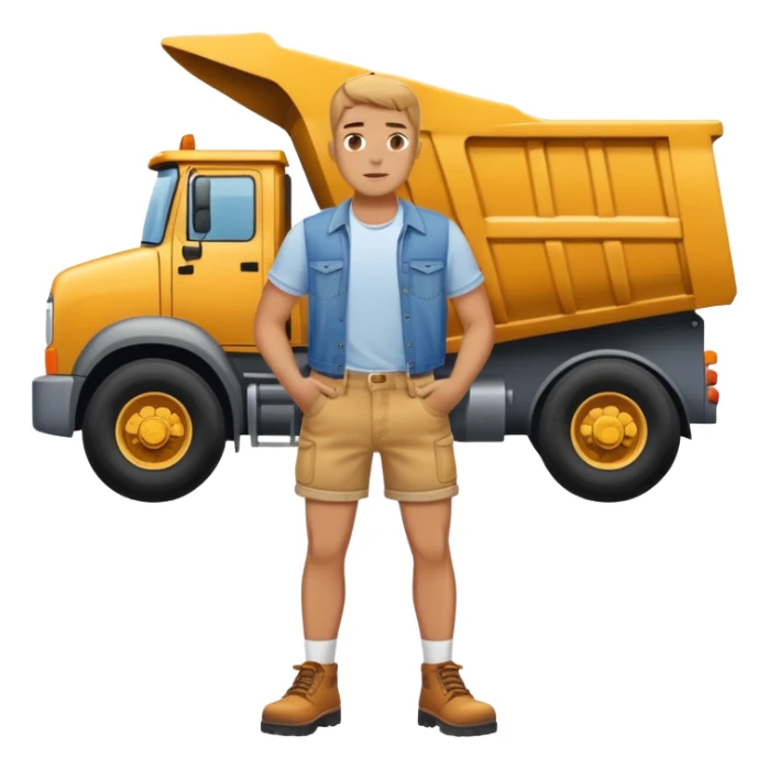 Man with extremely small denim shorts standing in front of a dump truck  sticker