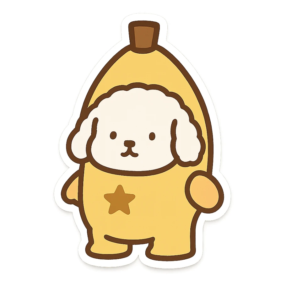 Transform the image into a WhatsApp sticker by removing the background and leaving only the dog dressed as a banana. Add a thick white border around the dog to create a prominent sticker effect, emphasizing the outline clearly. sticker