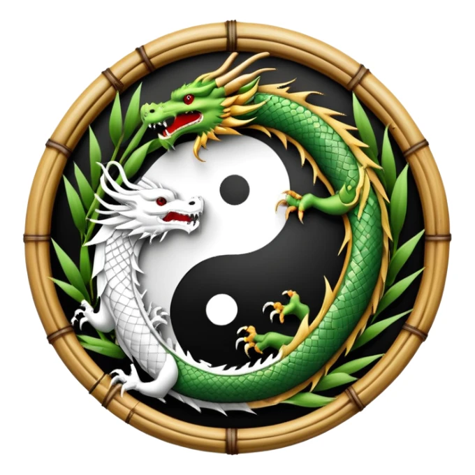 An icon symbolizing Eastern martial arts in the style of an emblem, with a black-and-white Yin-Yang symbol at the center. A dragon is placed on either side, representing strength and wisdom. The design includes bamboo and traditional elements. Transparent background sticker