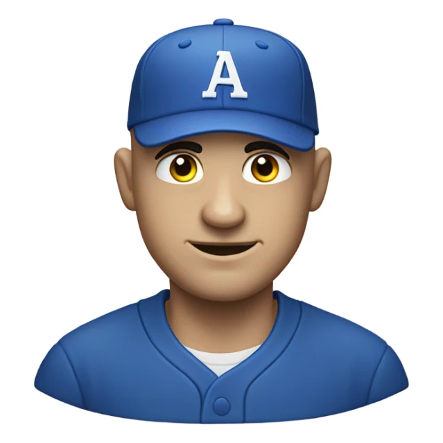 White bald man, giving an evil smirk in a blue baseball hat cocked up into the side sticker