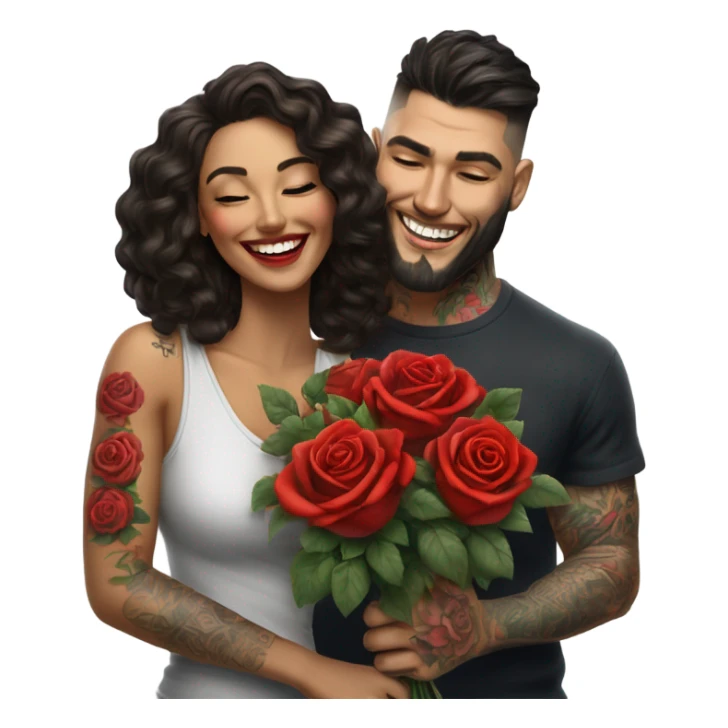 Hyper Realistic beautiful woman smells bouquet of bright red roses laughing with handsome tattooed man  sticker