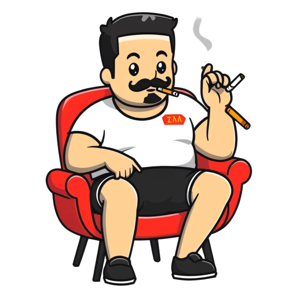 Heavy-set man leaning back in chair with legs spread, smoking cigarette, exposed belly, round face, short black hair, well-groomed beard with mustache, black t-shirt with light stripes on top portion, sleeves rolled up, black shorts, arms decorated with black graphic tattoo patterns on forearms and shoulders sticker