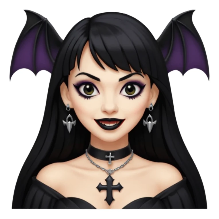 vampira com cabelo preto longo e liso e franja, olhos pretos, brincos em formato de cruz, choker em formato de morcego, roupa preta com decote, batom preto e sorrindo mostrando as presas sticker