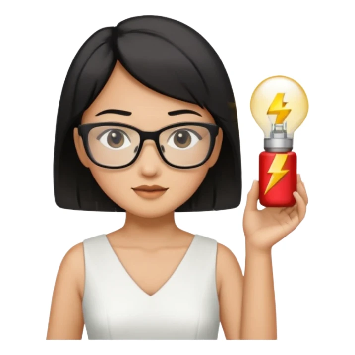 asian teacher with a white dress holding a flash with retangle glasses and black short hand  sticker