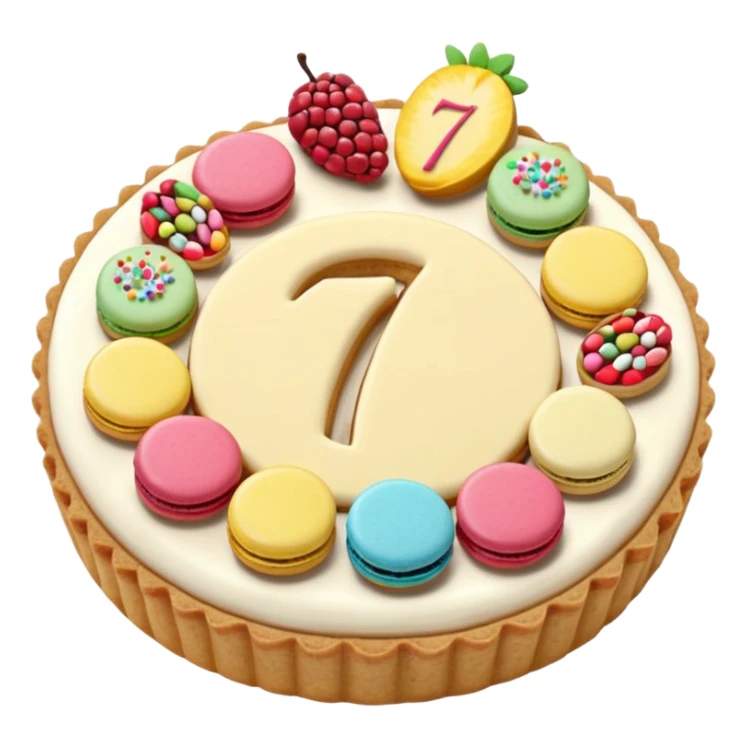 number-shaped 7 cookie cream tart decorated with macarons, fruit, and candy toppings, simplified, clear, emoji-like sticker