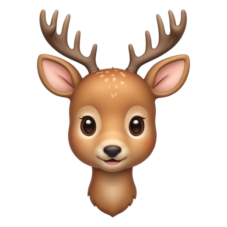 A cute deer emoji, small and simple, with big round eyes, a gentle smile, short antlers, soft beige fur with slightly lighter spots on its back, rounded cartoon-like proportions, minimal shading, vector-style, sticker