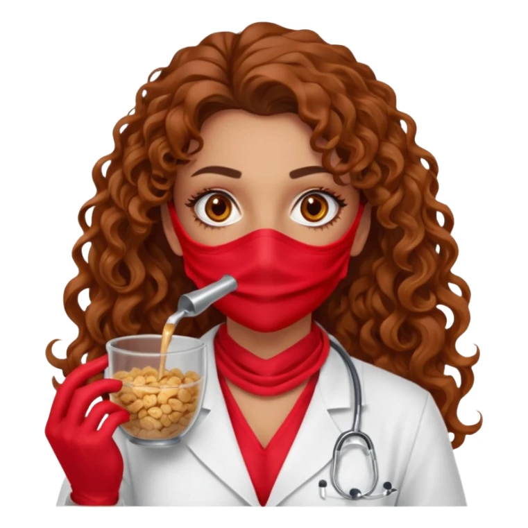 Sensual Spanish Lilith core evil surgeon.red outfit.  Surgeon has hazel eyes. Her hair is BROWN. Hair is also  long and  curly. wearing a sexy surgeon outfit with platform  heels.she is a calculated smart cereal killer. She covers only her mouth and nose with silk scarf to hide identity  sticker