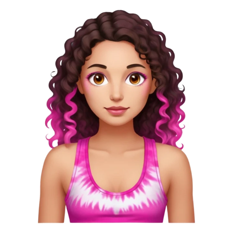 Woman in her 30s with luminous skin, long defined dark brown curls, large brown eyes, full lips with natural pink color, wearing bright pink tie-dye tank top, nurturing warm expression sticker