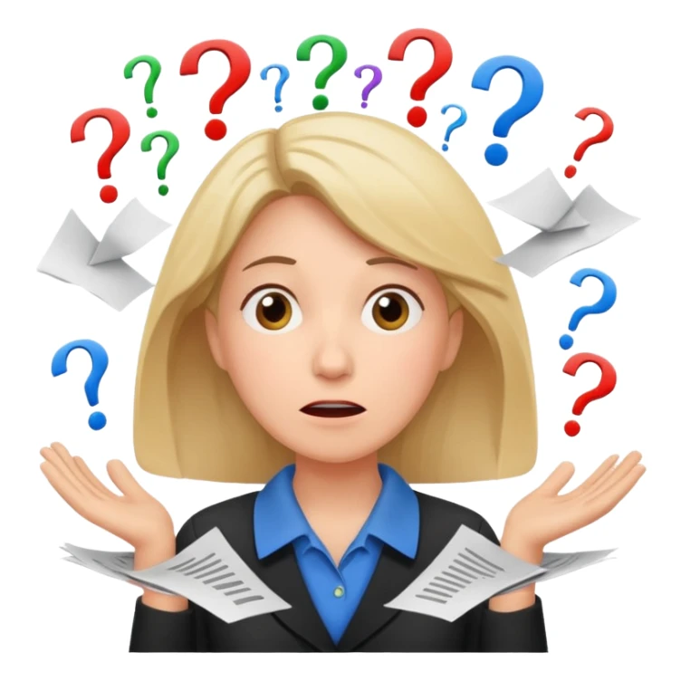 A kindergarden teacher with an overwhelmed expression, surrounded by flying papers and question marks. sticker