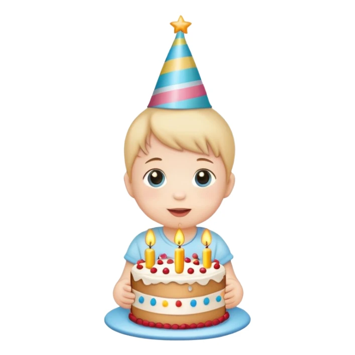 cute baby wearing birthday hat with birthday cake sticker