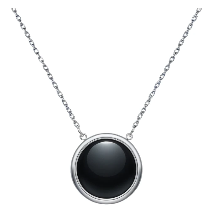onyx pendant with mirror-like surface, suspended from a shimmering silver chain, radiating quiet magic sticker