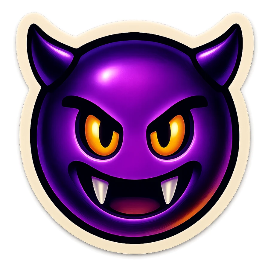 devil emoji, neon purple and black colors, sharp fangs, glowing yellow eyes, dramatic shadows, neon palette, vibrant neon style sticker