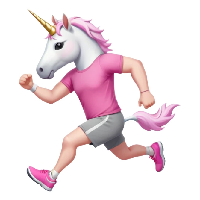 friendly anthropomorphised male white unicorn with a stocky, strong build, white arms and legs, wearing grey shorts and pink t-shirt, dark sunglasses, jogging upright in a relaxed pose sticker