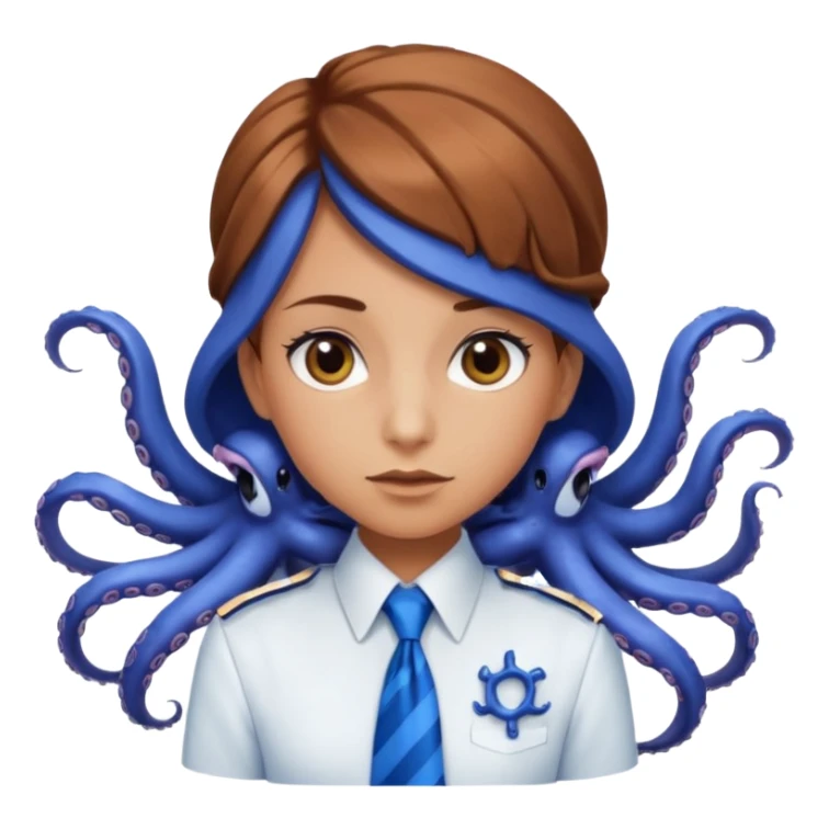 tanned, Doe hazel eyes, Octopus hair cut, White uniform top with blue tie, blue long skirt, Long lashes  sticker