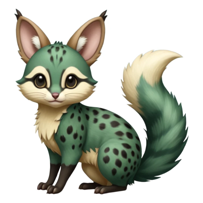 Dark-Green, black-pointed, soft natural realistic romantic vintage antique divine beautiful elegant pretty precious cute young youthful  Fakémon-Pokémon-alien-opossum-squirrel-feline-serval-caracal-chinchilla-Minccino-Cinccino-Meowstic-rodent-hybrid-creature with a big fluffy bushy tail (full body) sticker