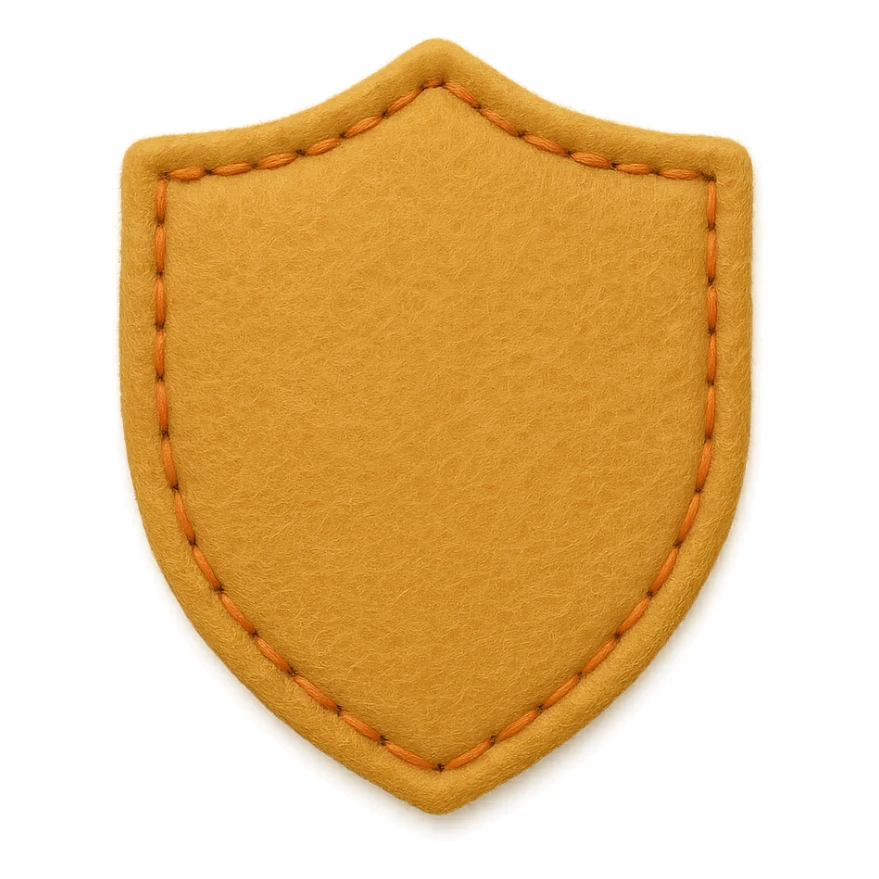 <StylePrompt>
  <Name>Minimal Felt Appliqué Icon</Name>
  <Description>
    A simplified plush icon style with soft felt textures, minimal facial features, and gentle stitching. Focuses on iconic shapes with low visual complexity for maximum clarity at small sizes.
  </Description>
  <VisualProperties>
    <Material>Felt</Material>
    <Texture>Soft, matte surface with faint fiber detail</Texture>
    <Stitching>
      <Type>Thin thread</Type>
      <Color>Muted orange or brown</Color>
      <Pattern>Sparse edge stitching only</Pattern>
    </Stitching>
    <Padding>Low to moderate—slightly puffy but not high-relief</Padding>
    <Edges>Smooth, rounded</Edges>
    <ColorPalette>
      <Primary>Warm yellows, oranges, and browns</Primary>
      <Accent>Minimal dark brown for eyes and nose</Accent>
      <Background>Plain or soft gradient, off-white preferred</Background>
    </ColorPalette>
  </VisualProperties>
  <FacialFeatures>
    <Eyes>Small circles, dark brown</Eyes>
    <Nose>Simple dot or triangle</Nose>
    <Mouth>Omit or use curved line only</Mouth>
    <DetailLevel>Low</DetailLevel>
  </FacialFeatures>
  <Rendering>
    <Lighting>Flat and soft, minimal shadows</Lighting>
    <Perspective>Side or front profile, no complex angles</Perspective>
  </Rendering>
  <Applicability>
    <SubjectType>Animals, objects, icons</SubjectType>
    <OutputFormat>Flat icon or patch-style asset</OutputFormat>
  </Applicability>
</StylePrompt>


{subject} = shield sticker
