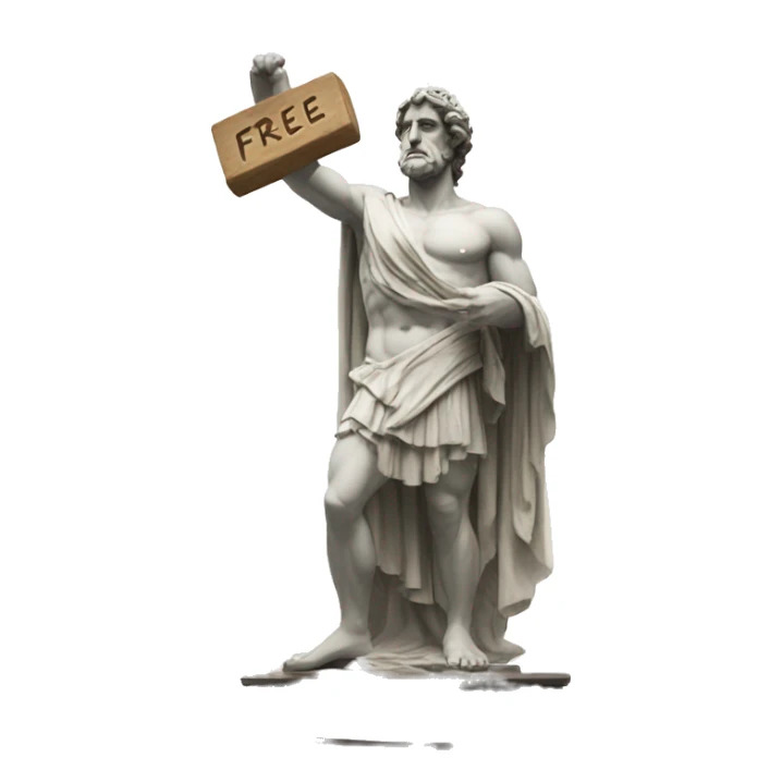 Greek god statue holding a board saying free sticker