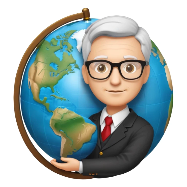 professor with glasses and academic attire rotating a world globe sticker