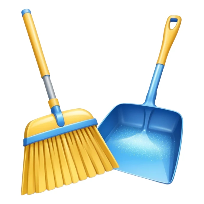 broom and dustpan with sparkles, clean and friendly sticker