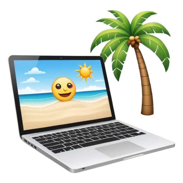 A minimalist emoji-style icon representing workation: An open laptop in the foreground on the beach. Background shows sea, sun, and a palm tree. No people, no text, clean and simple design like an emoji. sticker