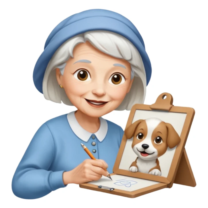 An elderly woman sketching, art board,nice picture, puppy face. sticker