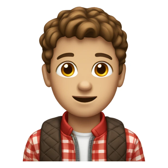 A brown haired kid wearing a red checkered jacket and has braces and also is American sticker