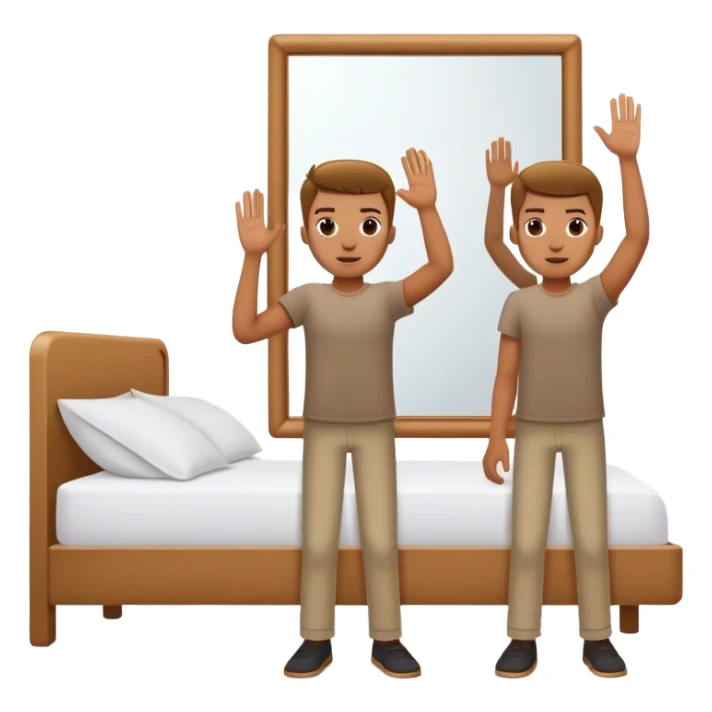 A person stands beside their bed, rolling out groggily with determination. The bed behind them is neatly made, a mirror in front of them shows them high-fiving their reflection. A glowing sunrise outside signals the start of a productive day. sticker