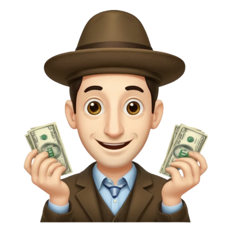 Jewish man with a big nose having his hands clenched together while smiling when he sees money , add the side curls and the funny hat  sticker