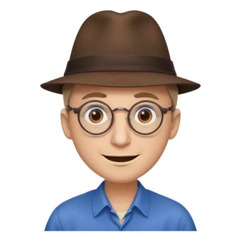 A man with sharp and thin face, brown round glasses, a brown hat and a brown costume with beige shirt (shoulders only), with blue eyes and a large smile on his face and menacing eyes. sticker