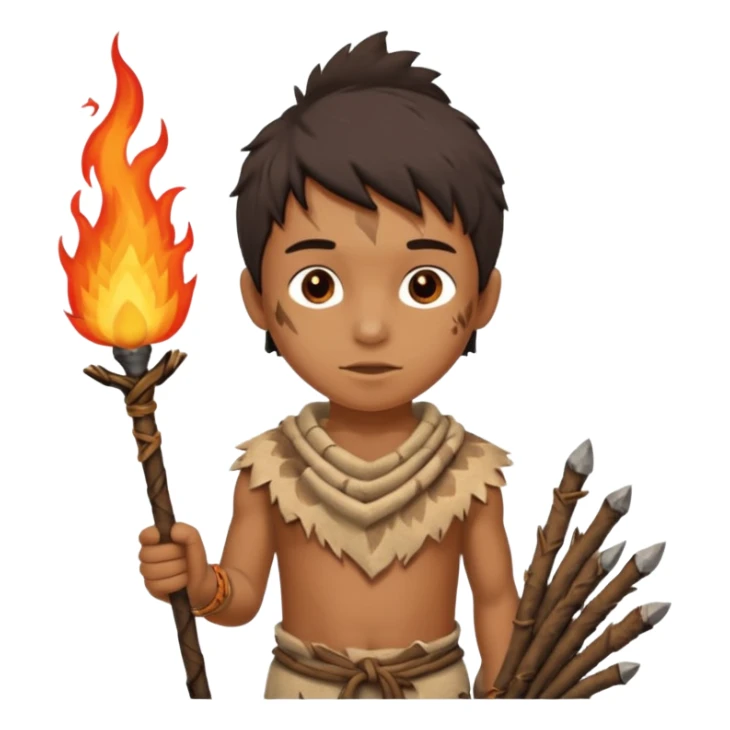 ancient boy, tattered animal skin cloth, hold fire stick sticker
