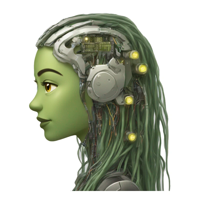 Olive green long hair female cyborg head with circuits sticker
