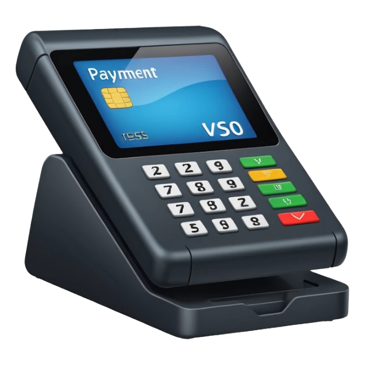 Icono de una terminal de pago con una tarjeta PAGANDO POS sticker