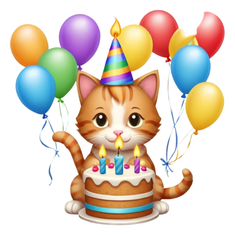 Ginger tabby kitten celebrates birthday, birthday hat, birthday cake, one candle, balloons, happy, gifts sticker
