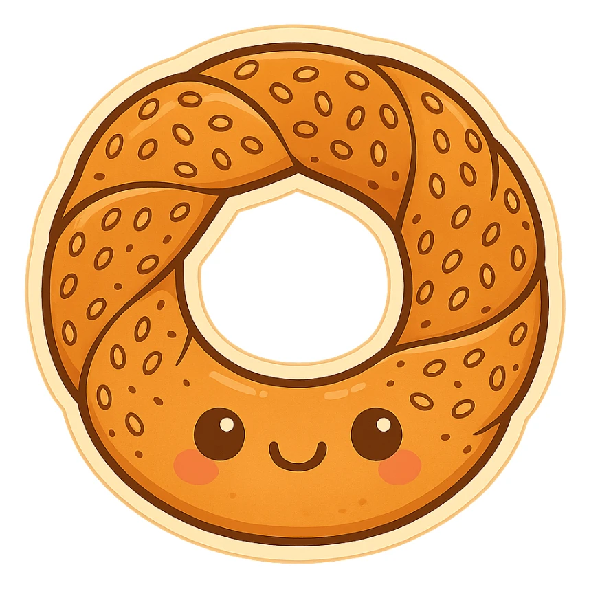 a Turkish simit, stylized as a cute cartoon with a happy face sticker