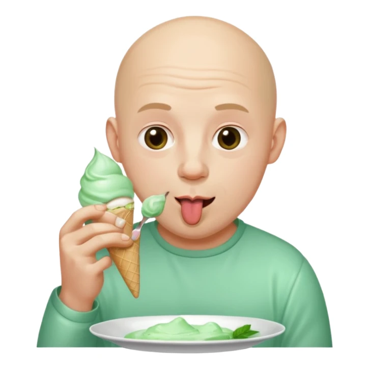 Bald man licking mint ice cream from a plate sticker