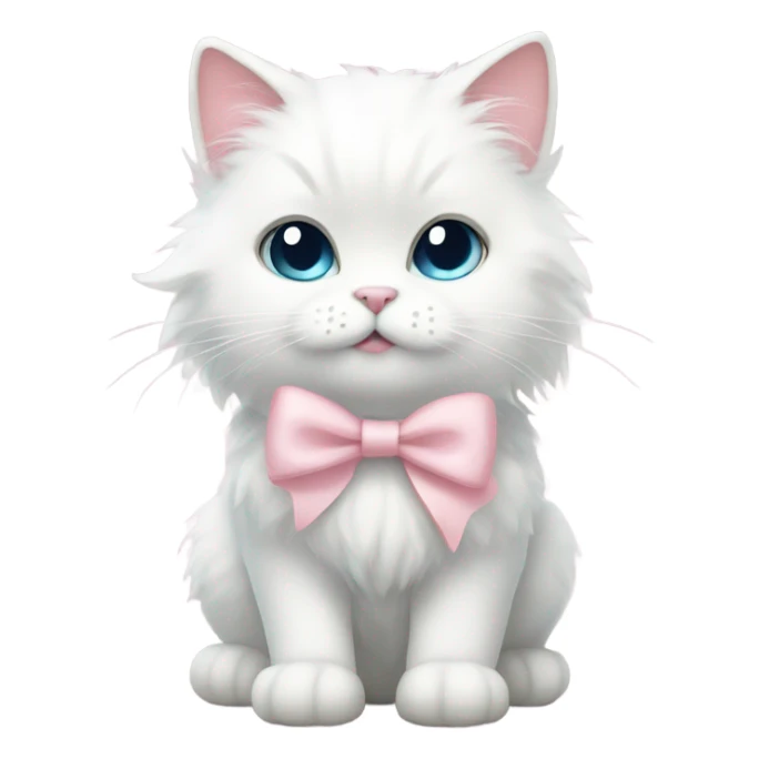 A fluffy white cat with adorable eyes and a light pink bow  sticker