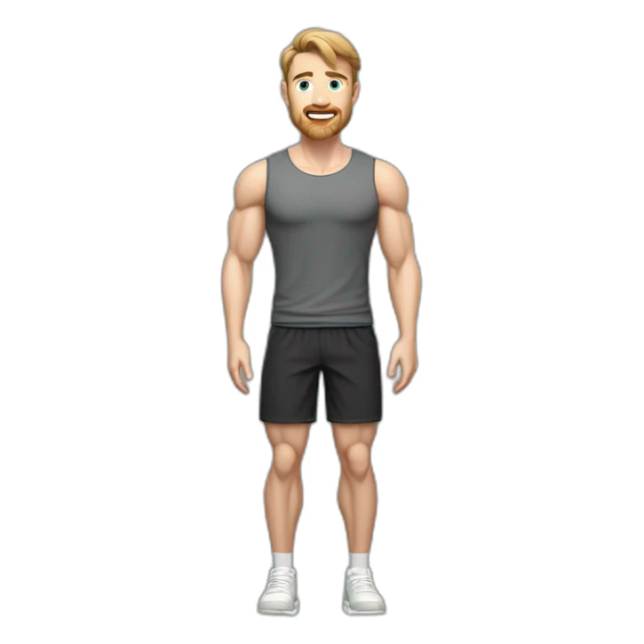 Full height Pale skinned muscular man With Realistic eyes and mouth, light brown hair and stubble In dark gray sleeveless mike, black oversize sports shorts, watch and white sneakers. sticker