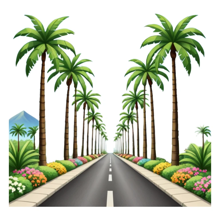 palm tree lined pedestrian pathway with tall green palm trees on both sides, colourful flowering bushes on each side, clear blue sky, bright sunny weather with symmetrical perspective view down the road. grey concrete road. warm tropical holiday vibe sticker