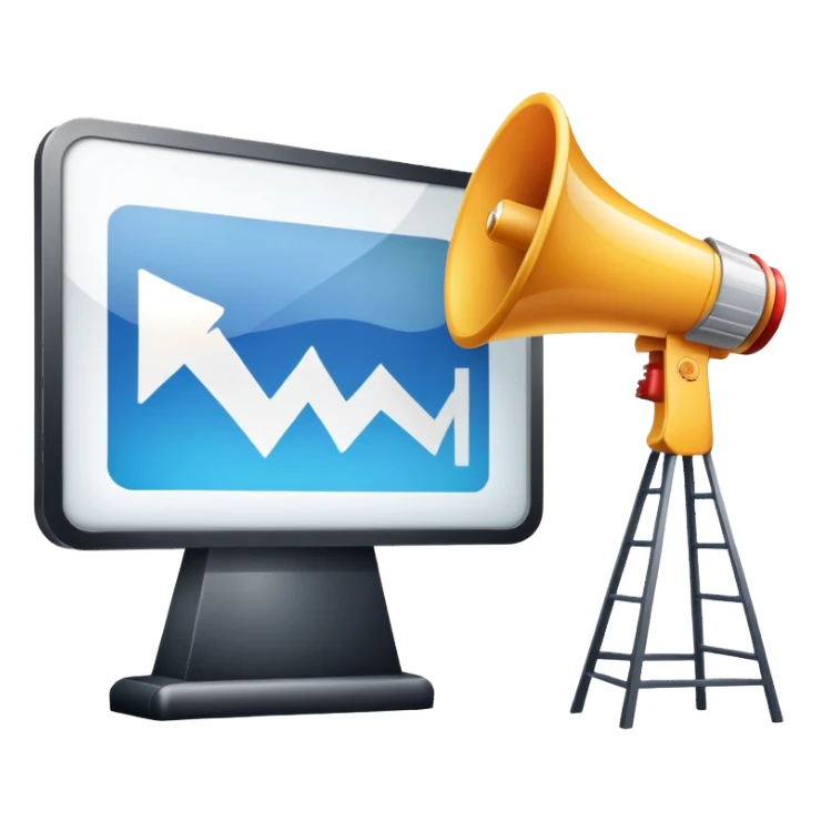 An icon featuring a megaphone, a billboard, and social media icons, symbolizing advertising and public relations. The design includes a press release and a rising graph, representing brand promotion and communication strategies. Transparent background highlights media influence and outreach. sticker