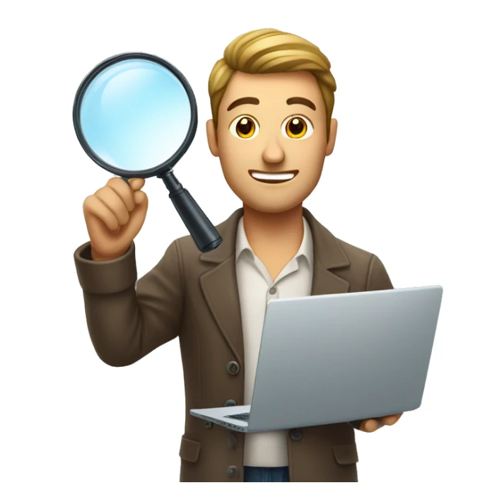 handsome man looking at a laptop through a magnifying glass sticker